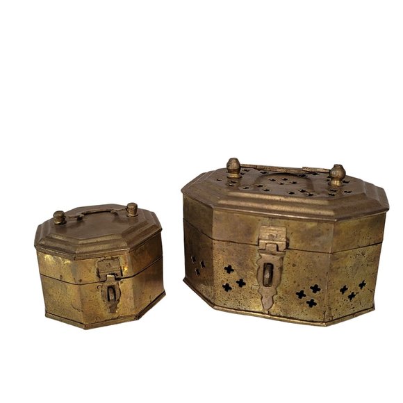 2 Brass Potpourri Cricket Trinket Box Jewelry w Hinge Latch Lid India Boho decor - Picture 10 of 10